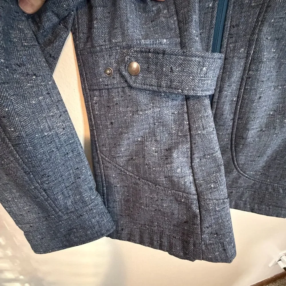 Free Country Coat Soft Shell Denim Look Size Large Blue Faux Fur Detachable Hood